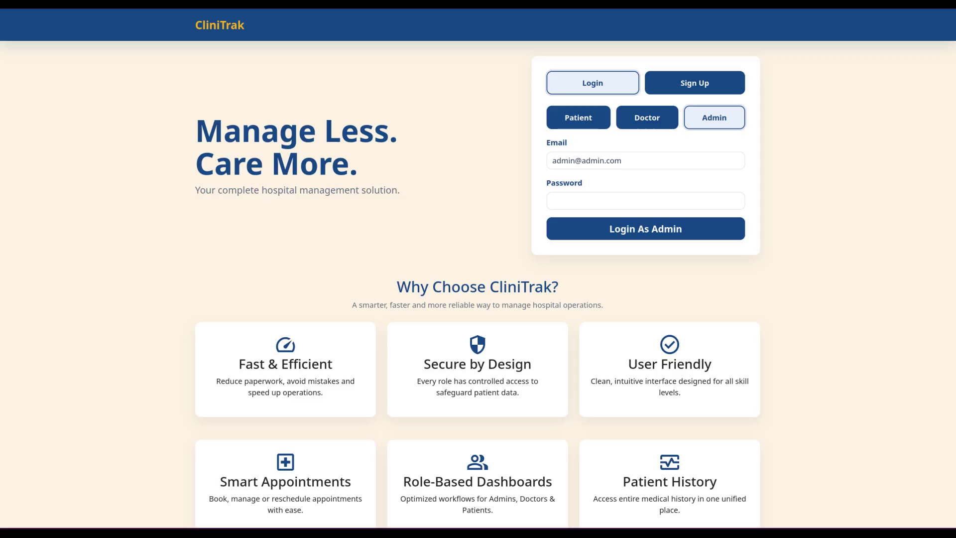 CliniTrak home page with the login form and feature overview