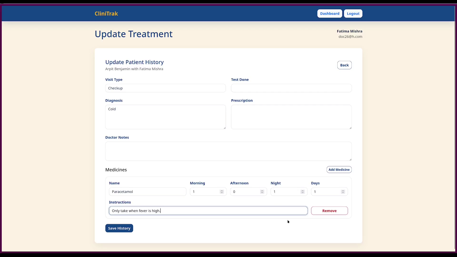 Update Patient History form with visit type, diagnosis, prescription, doctor notes and a medicine entry