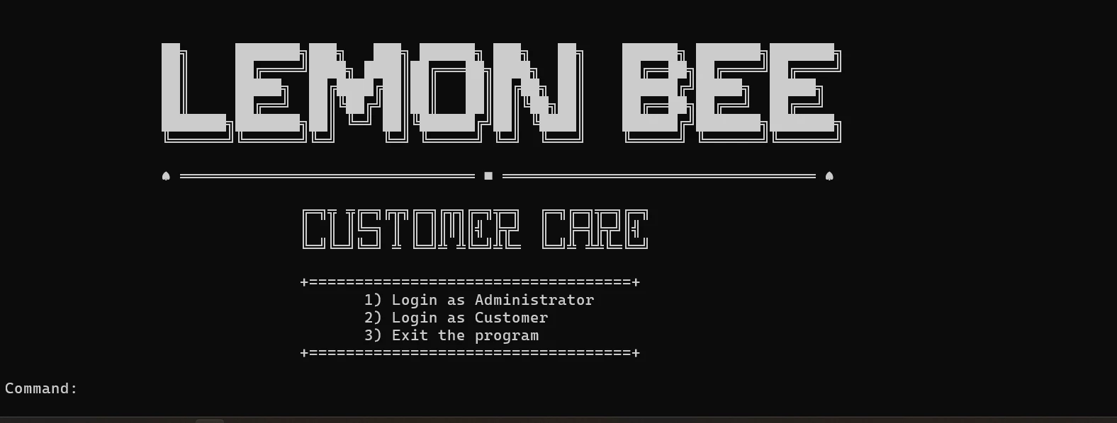 LemonBee terminal main menu with an ASCII-art title and options to log in as administrator or customer