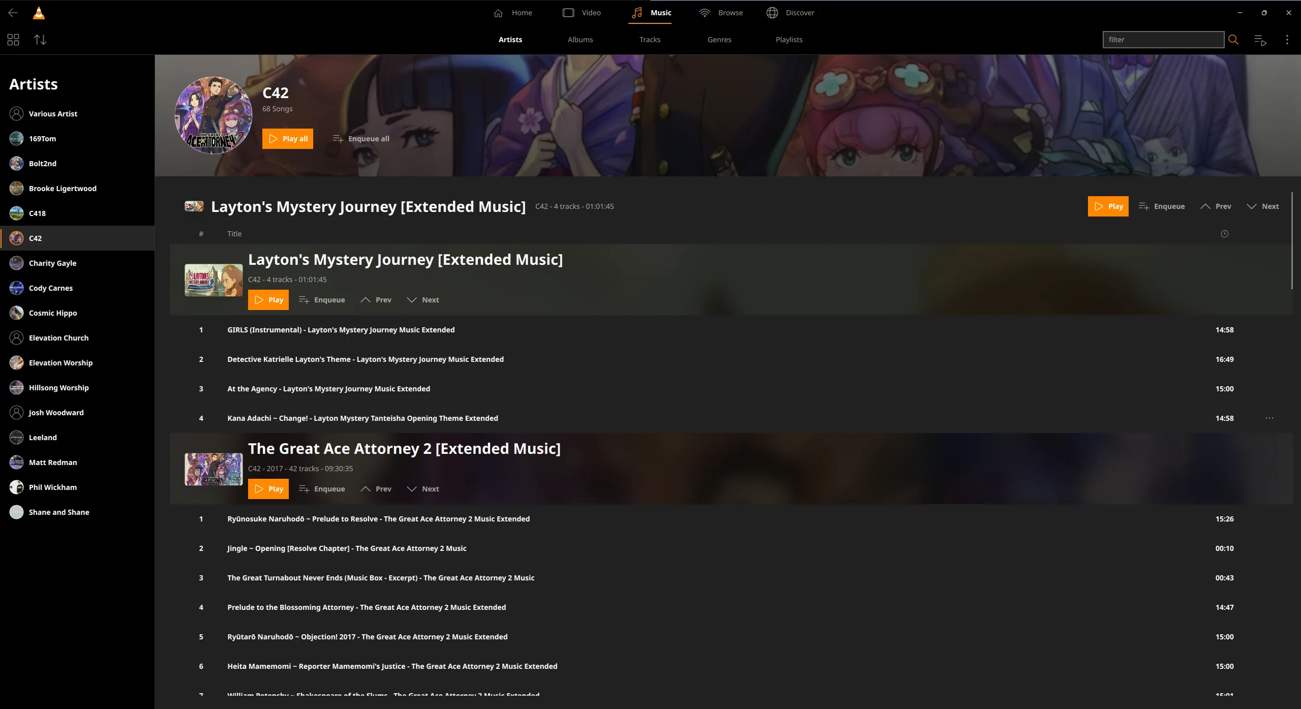 VLC 4.0 Artist Albums view with an artist banner and album sections, each with a cover, Play, Enqueue, Prev and Next buttons above its track list